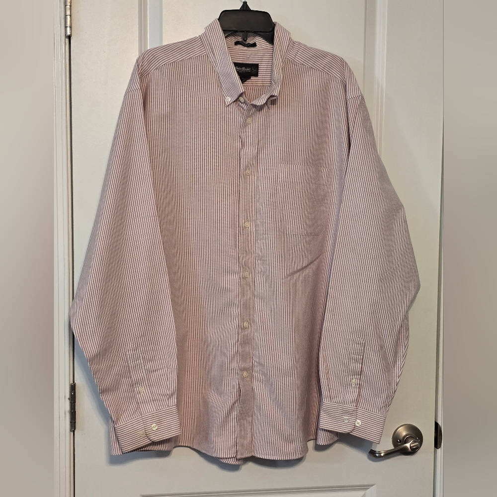 Eddie Bauer Men's Sz XXL Long Sleeve Button Down Dress Shirt, Red/White Stripes